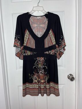 Madison Paisley Print V-Neck Dress in Orange, Black, Cream